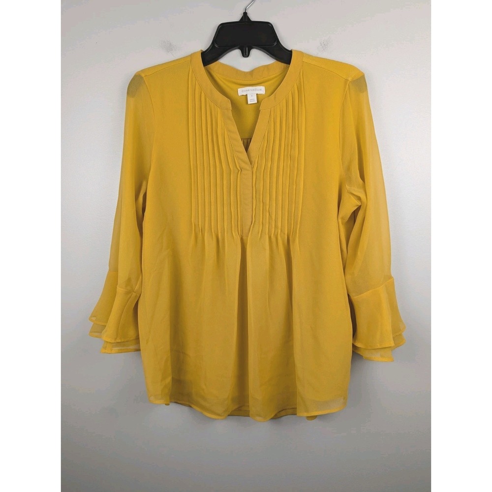 Charter Club Women's Size S Double Ruffle Solid Bell Sleeve Pintuck Top Lined